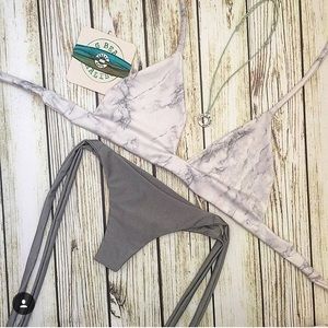 Marble bikini top and grey cheeky bottoms